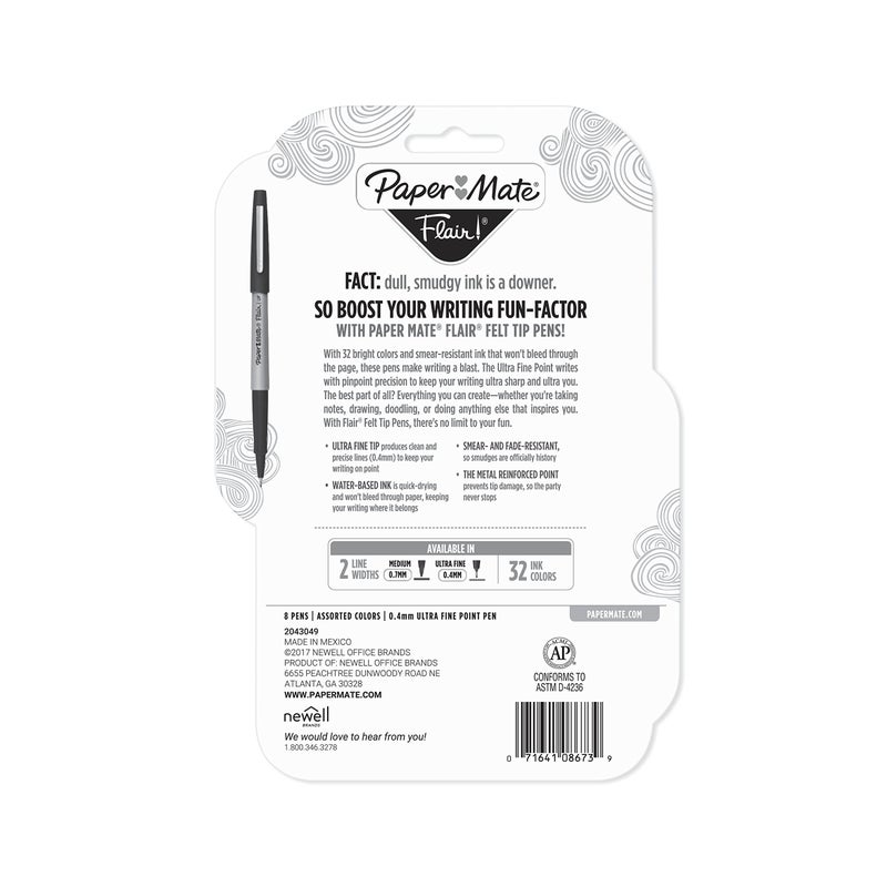 Paper Mate 62145 Flair Felt Tip Pens, Ultra Fine Point (0.4mm), Assorted Colors, 8 Count - Image 2